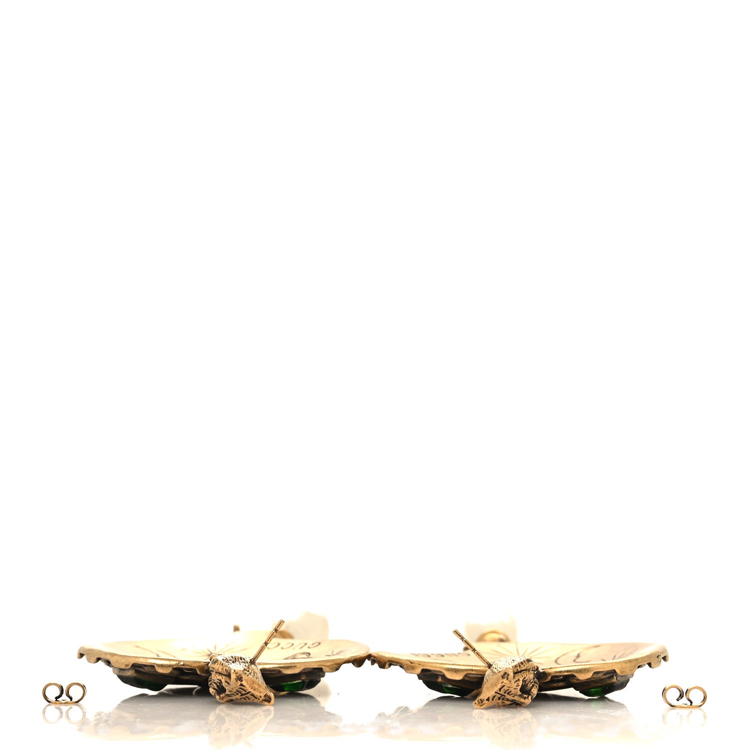 Gucci Metal Pearl Resin Heart Double G Drop Earrings Aged Gold Green 3 of 5