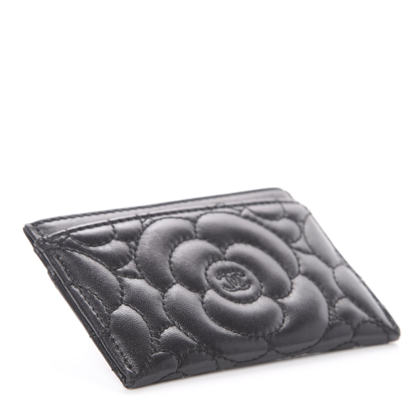 Lambskin Camellia Embossed Card Holder Black