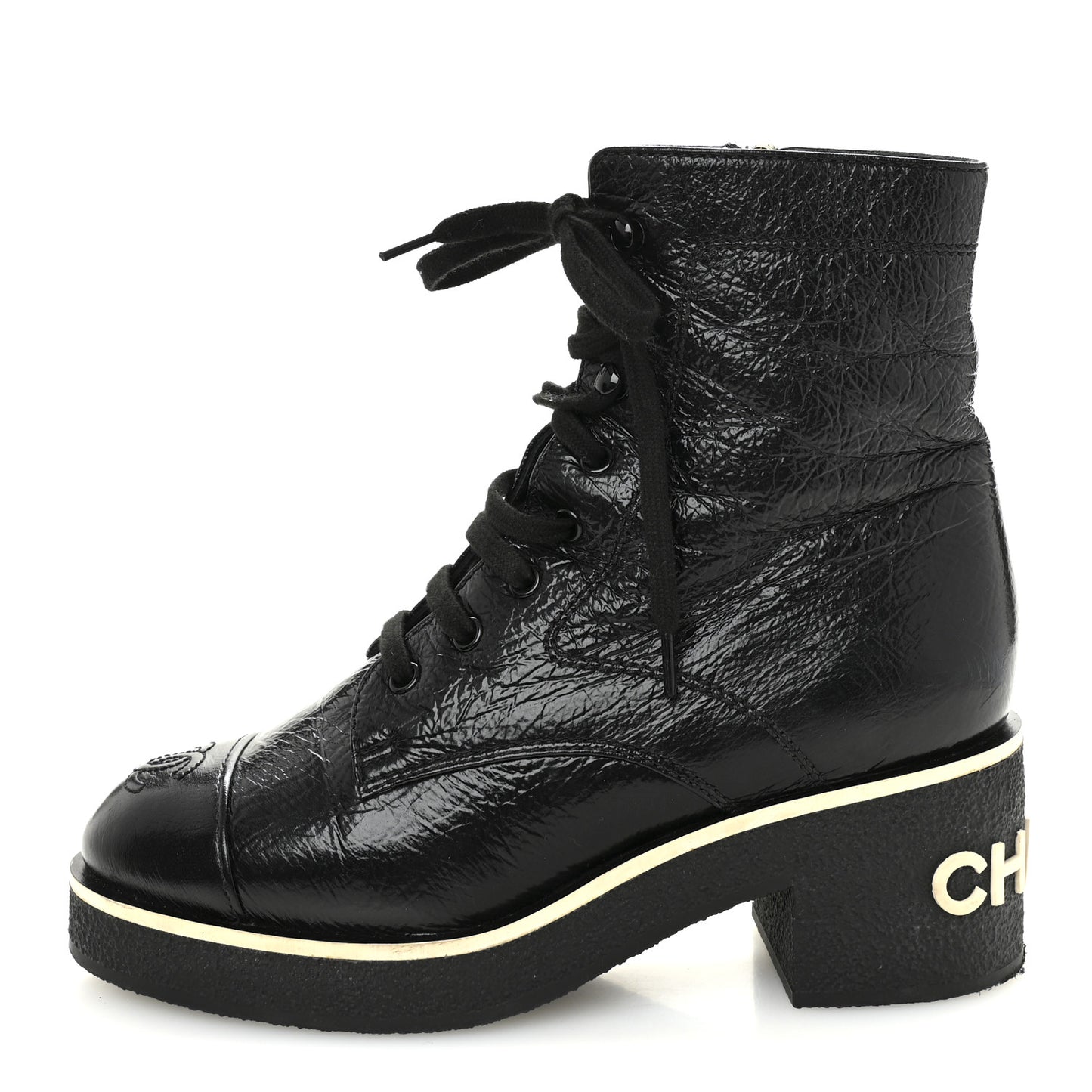 Shiny Crumpled Lambskin Lace Up Combat Boots 37 Black