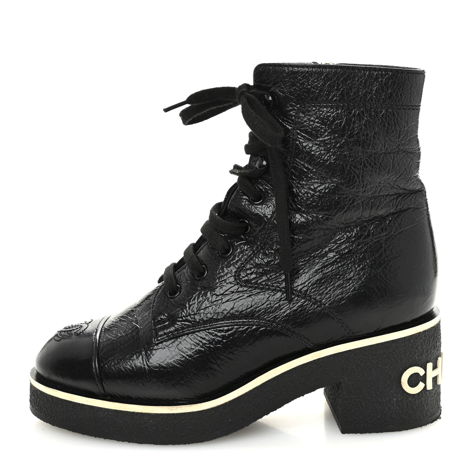 Chanel Shiny Crumpled Lambskin Lace Up Combat Boots 37 Black 1 of 9