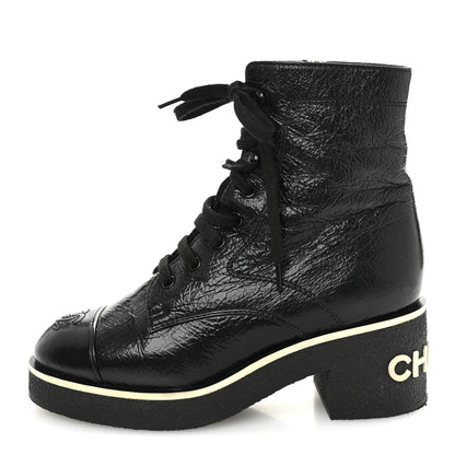 Chanel Shiny Crumpled Lambskin Lace Up Combat Boots 37 Black 1 of 9