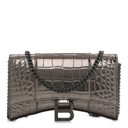 Balenciaga Shiny Calfskin Crocodile Embossed Hourglass Chain Bag Gunmetal 1 of 10