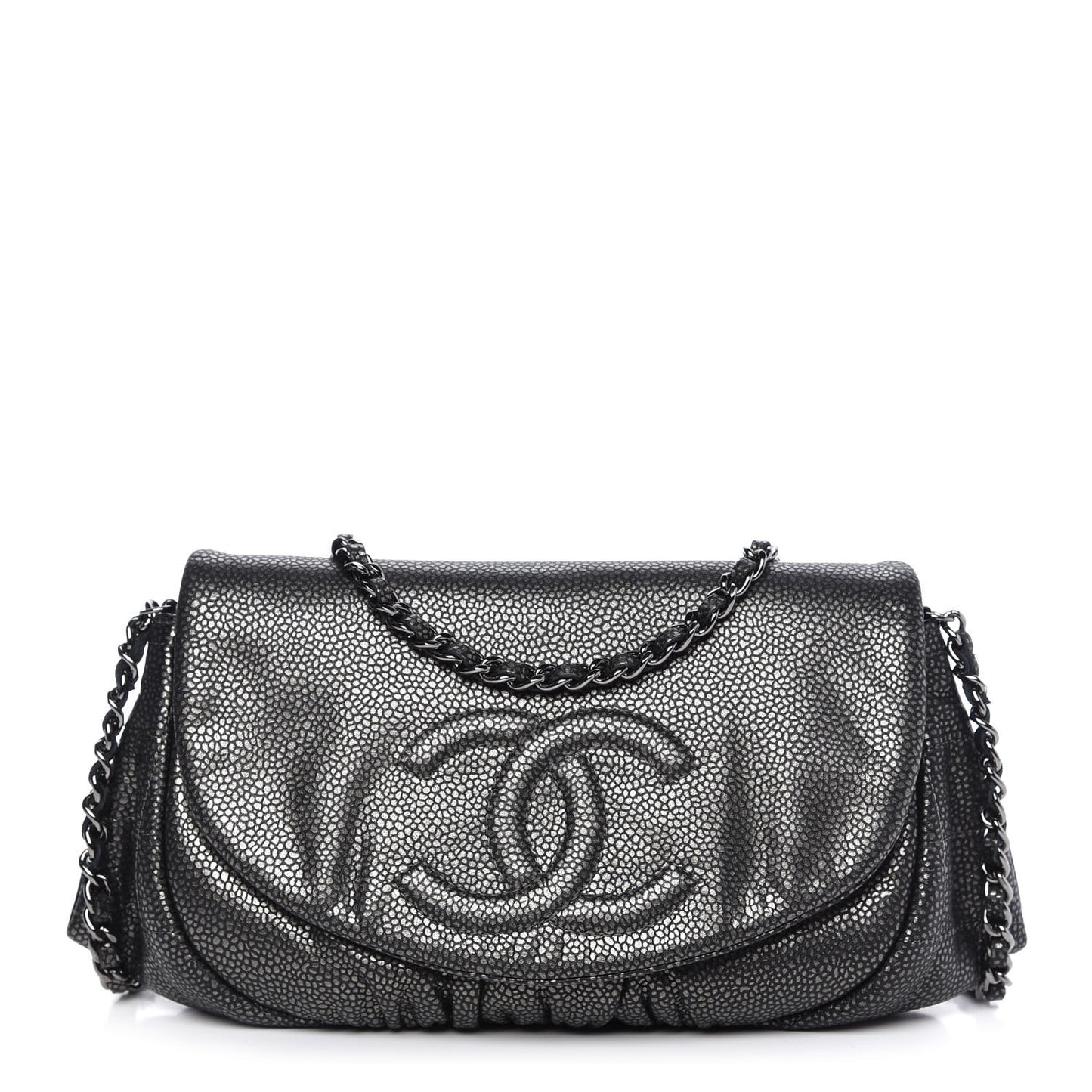 Metallic Caviar Half Moon Wallet On Chain WOC Dark Silver