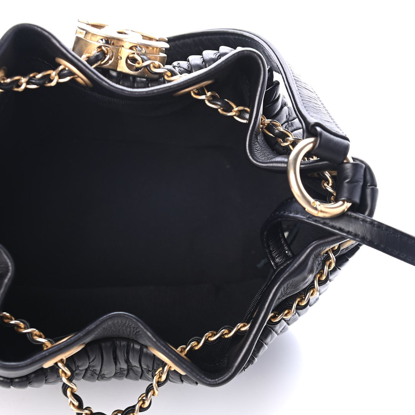 Iridescent Crumpled Calfskin Coco Pleats Small Drawstring Bag Black
