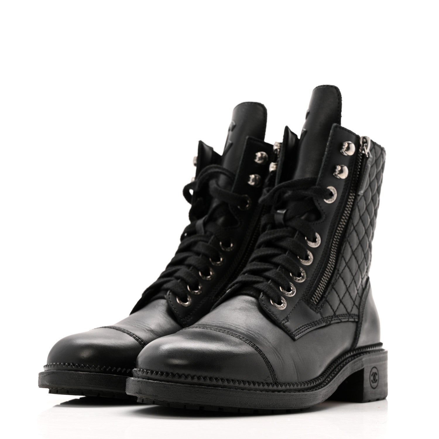 Chanel Calfskin Quilted Lace Up Combat Boots 36.5 Black 1826684