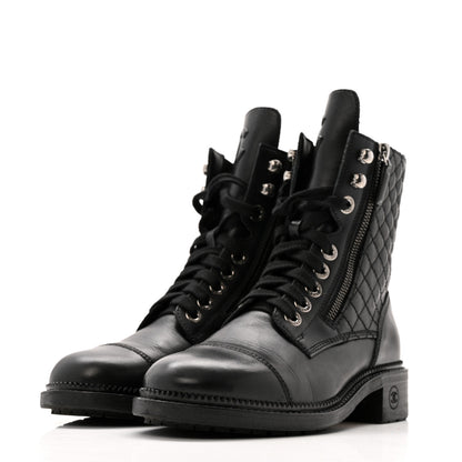 Chanel Calfskin Quilted Lace Up Combat Boots 36.5 Black 4 of 13