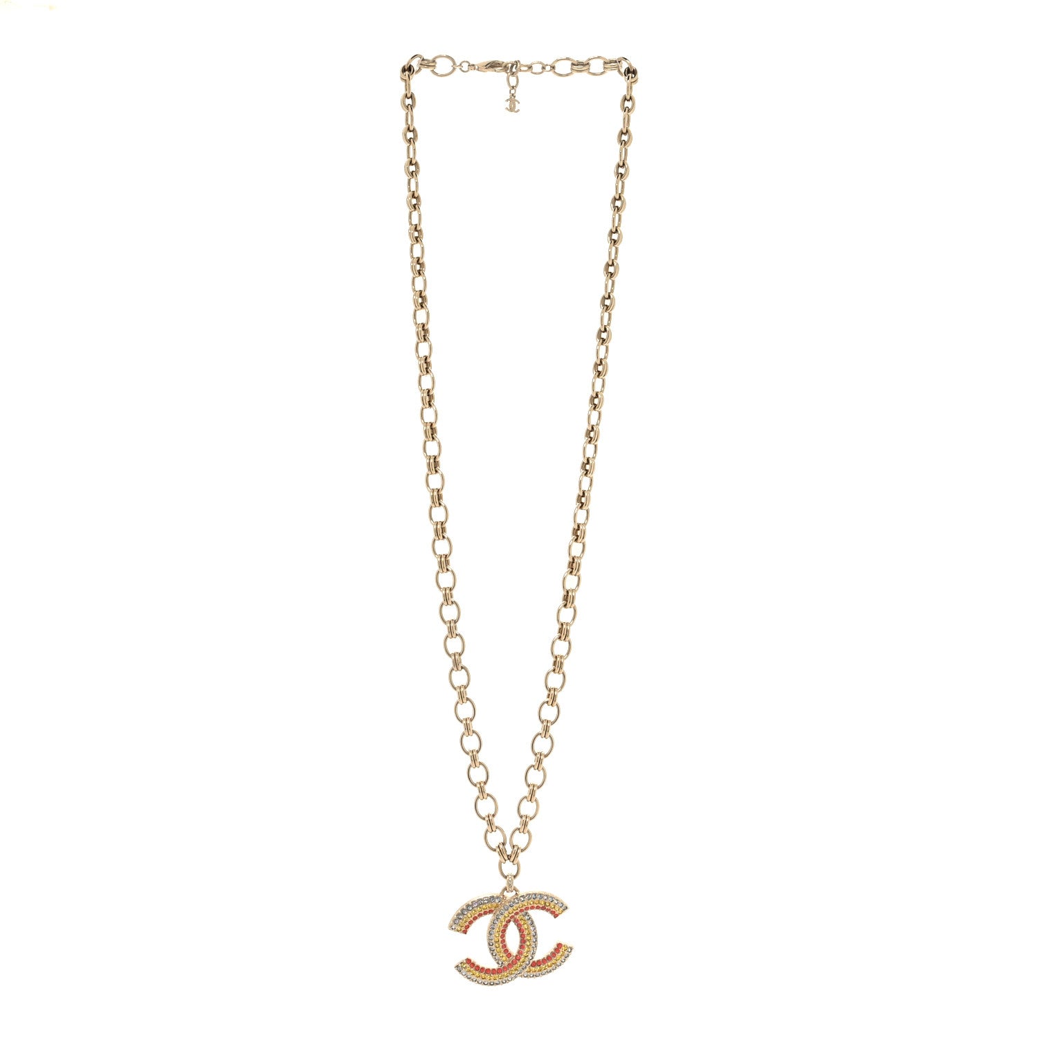 Chanel Crystal CC Long Pendant Necklace Gold Pink Yellow Blue 3 of 5