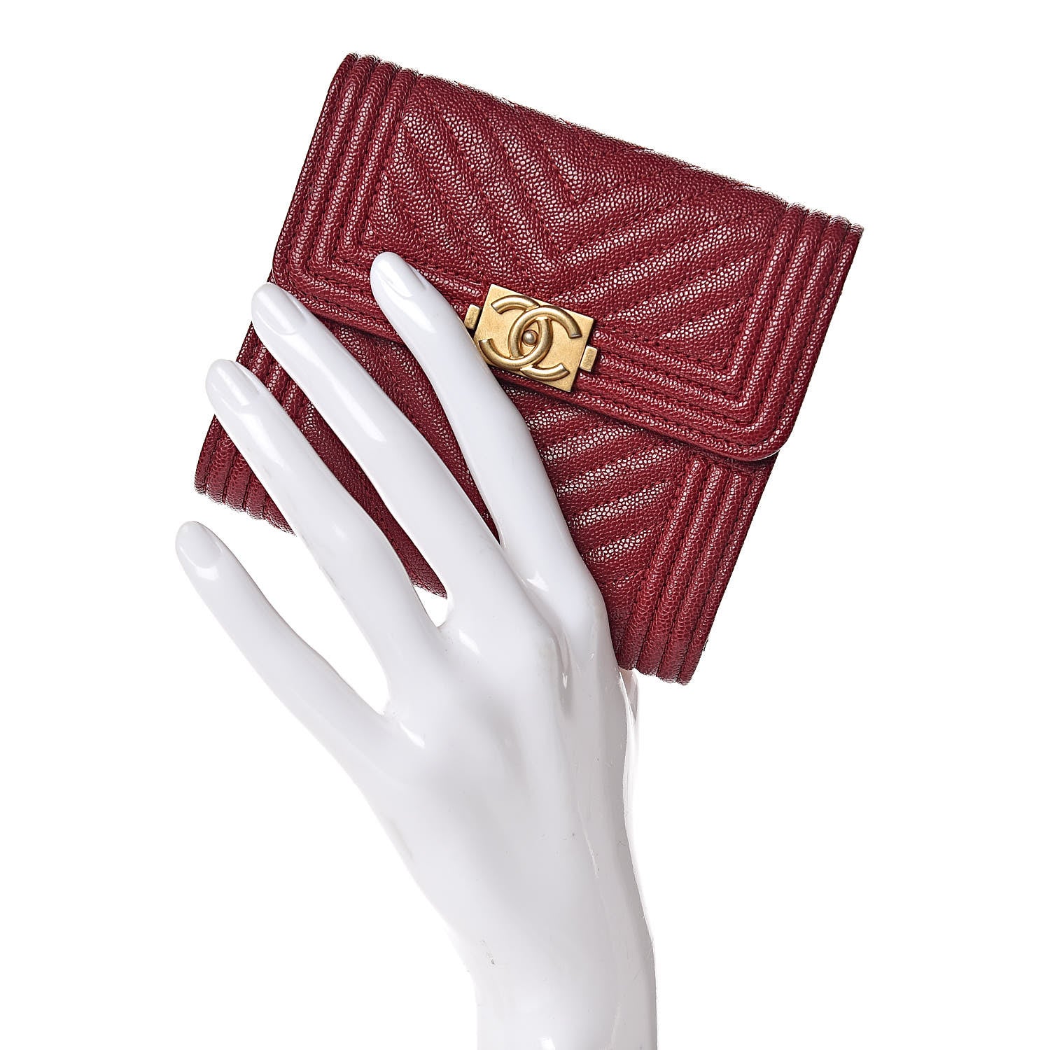 Chanel Caviar Chevron Quilted Boy Compact Wallet Red 2 of 9