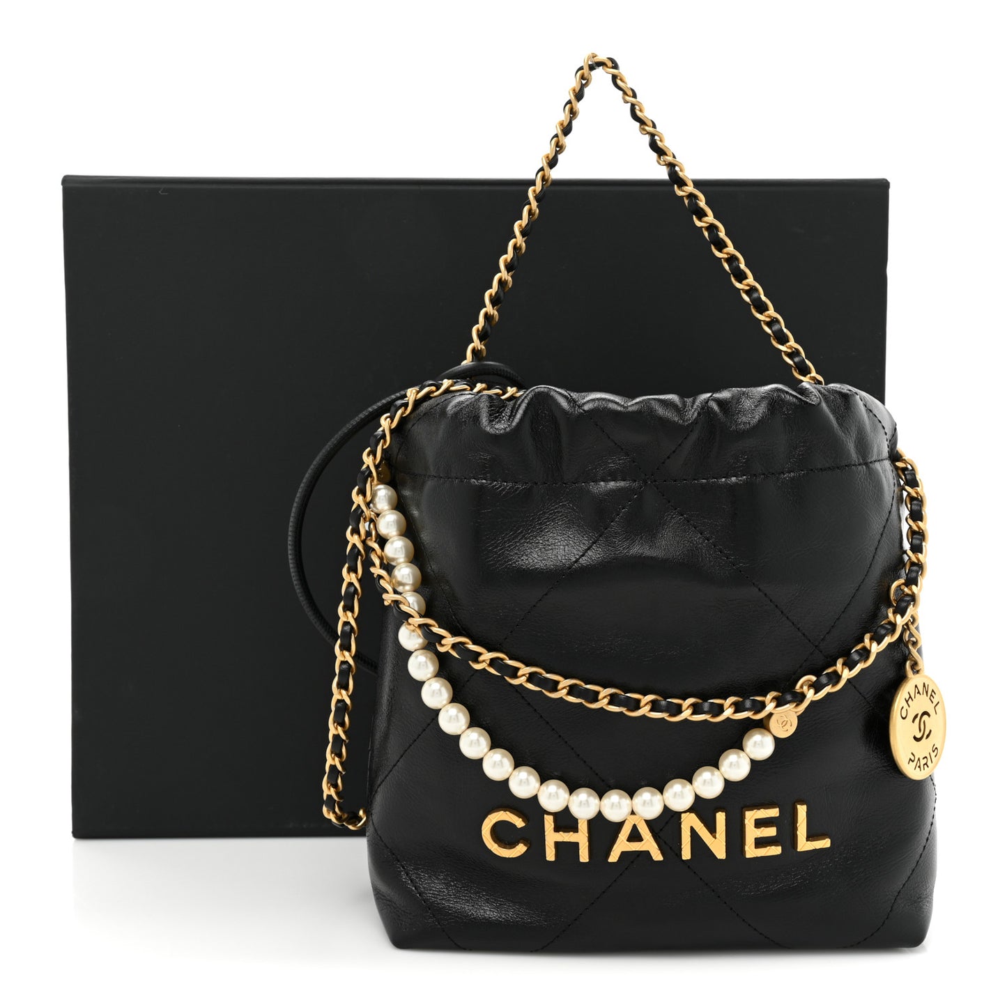 Shiny Crumpled Calfskin Quilted Pearl Mini Chanel 22 Black