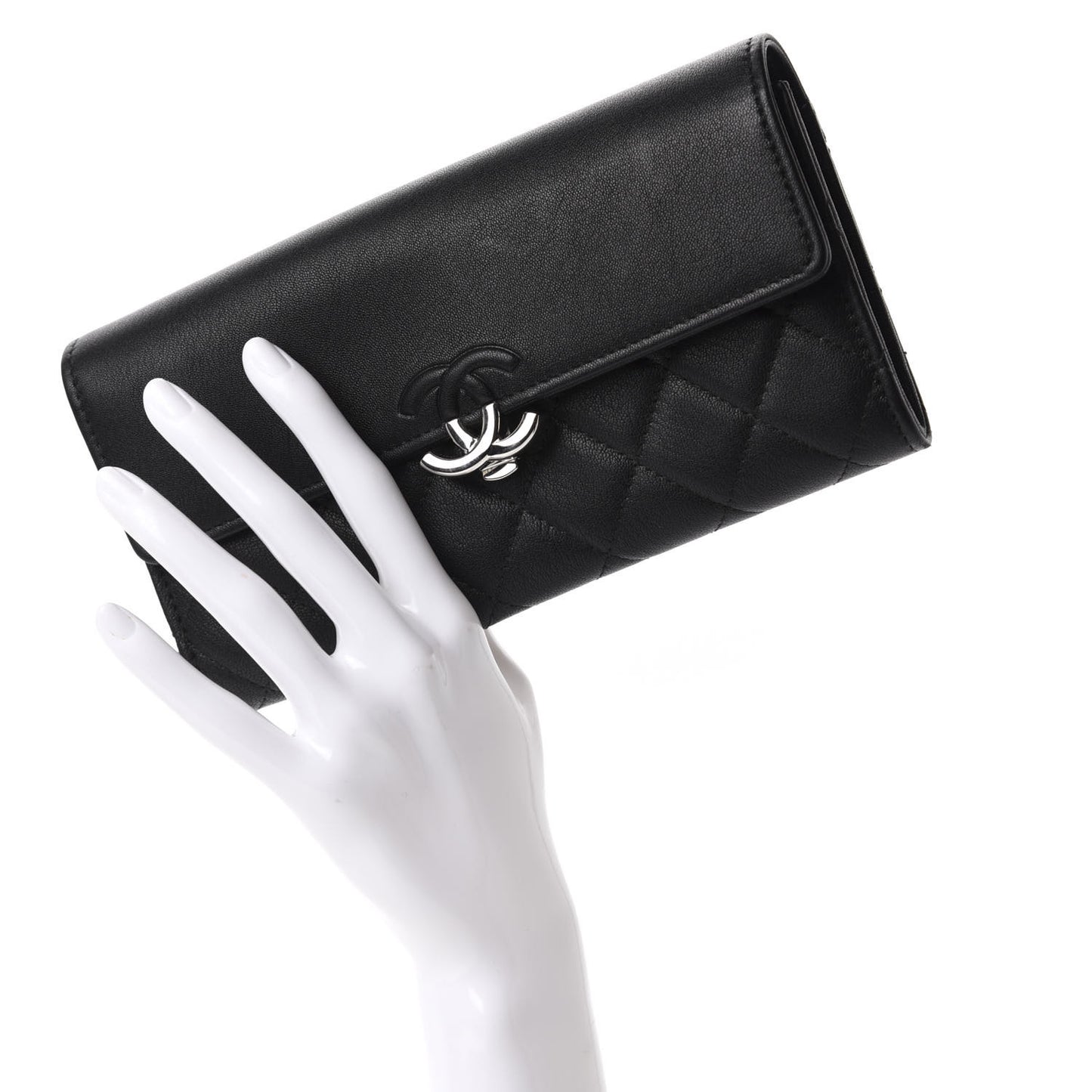 Goatskin Quilted CC Box Flap Wallet Black