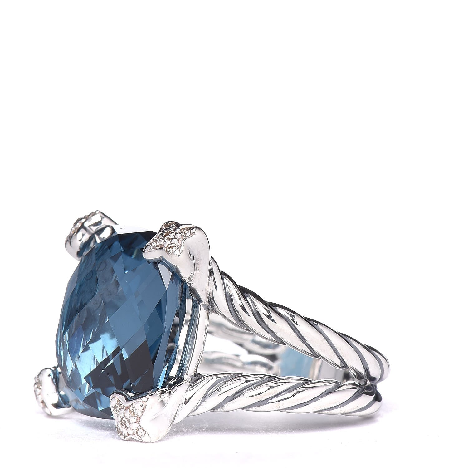 David Yurman Sterling Silver Diamond Hampton Blue Topaz 15mm Cushion On Point Ring 53 6.5 3 of 5