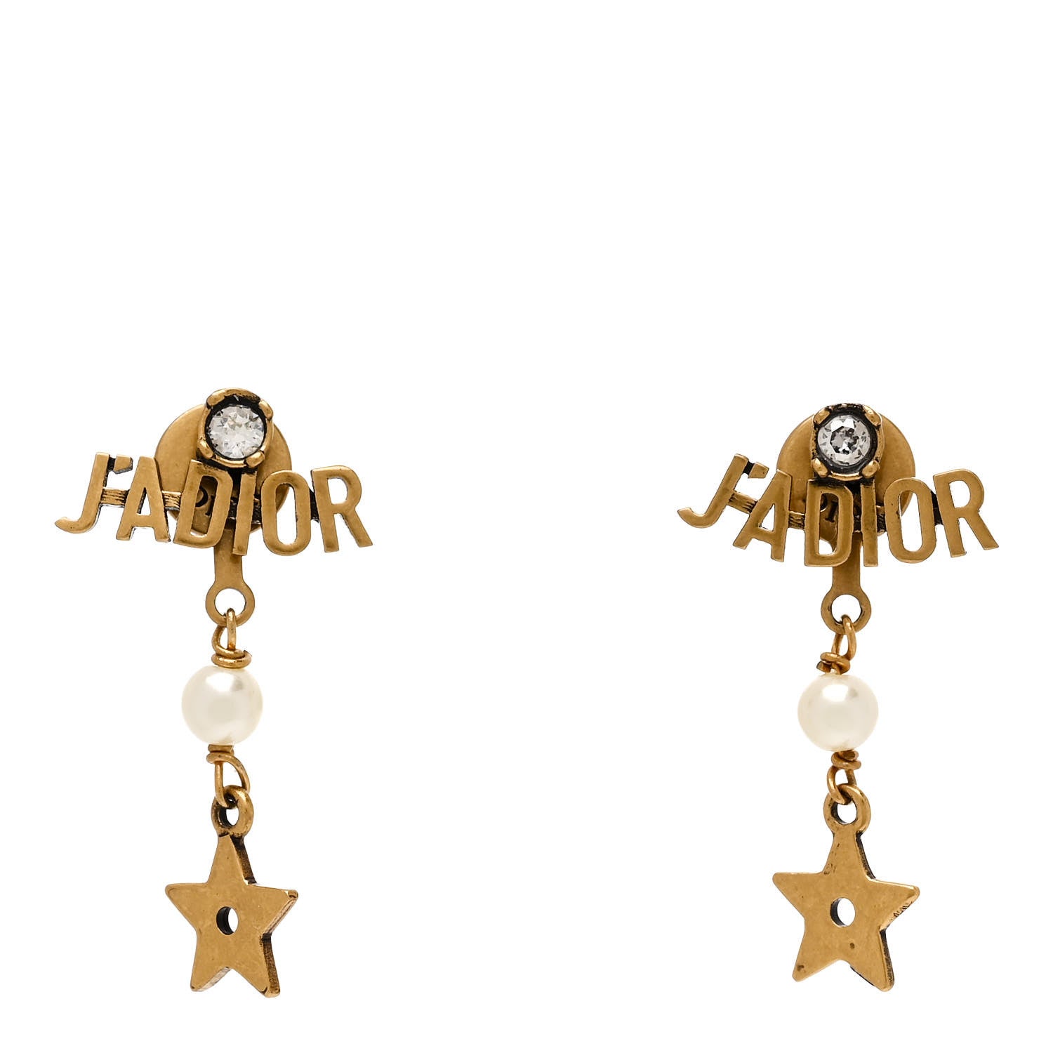 Christian Dior Pearl Crystal Star J'adior Drop Earrings Antique Gold 1 of 5