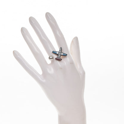 Chanel Resin Pearl Airplane Ring Blue Red 2 of 4