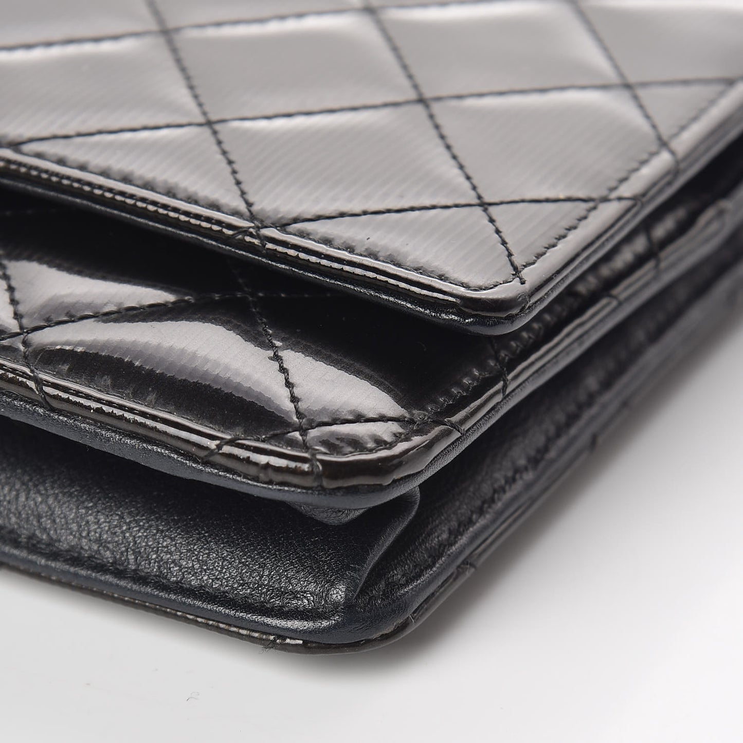 Striated Patent Quilted Wallet on Chain WOC Black