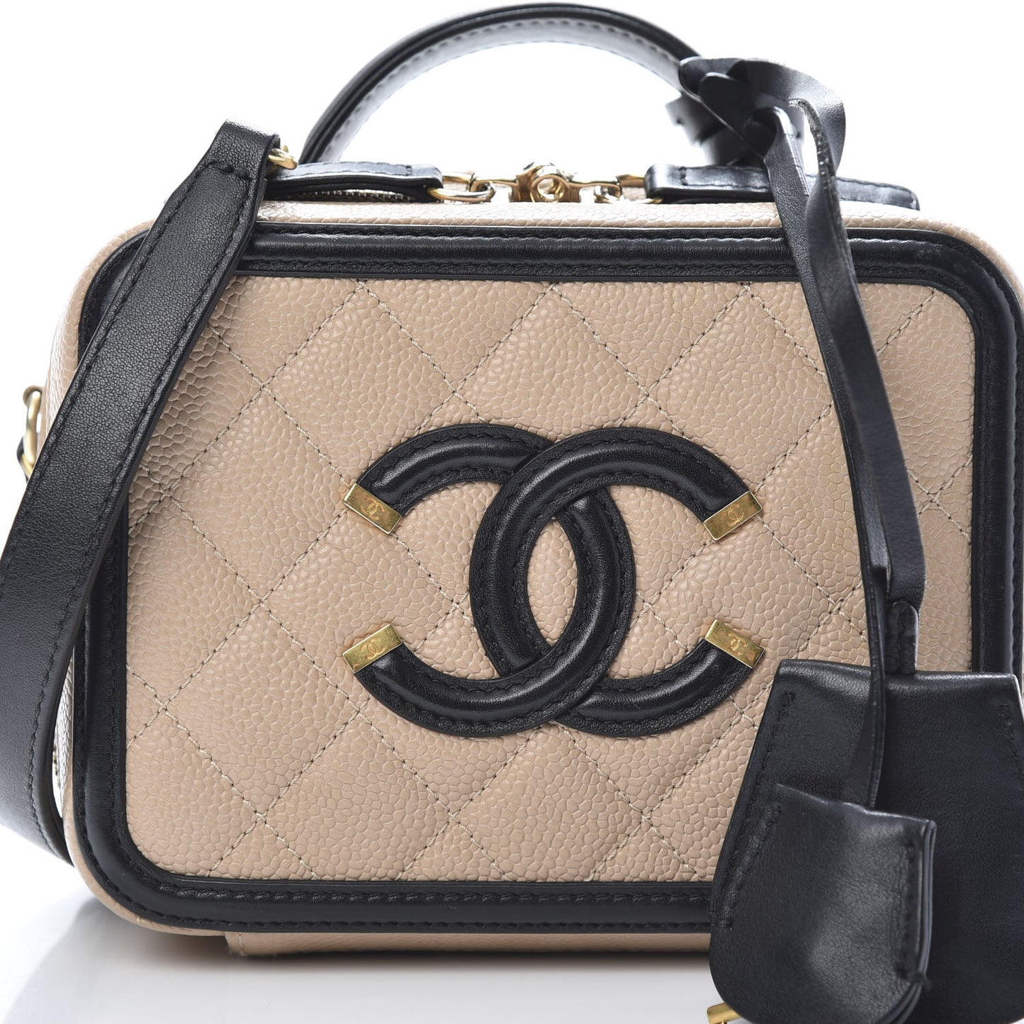 Caviar Quilted Small CC Filigree Vanity Case Beige Black