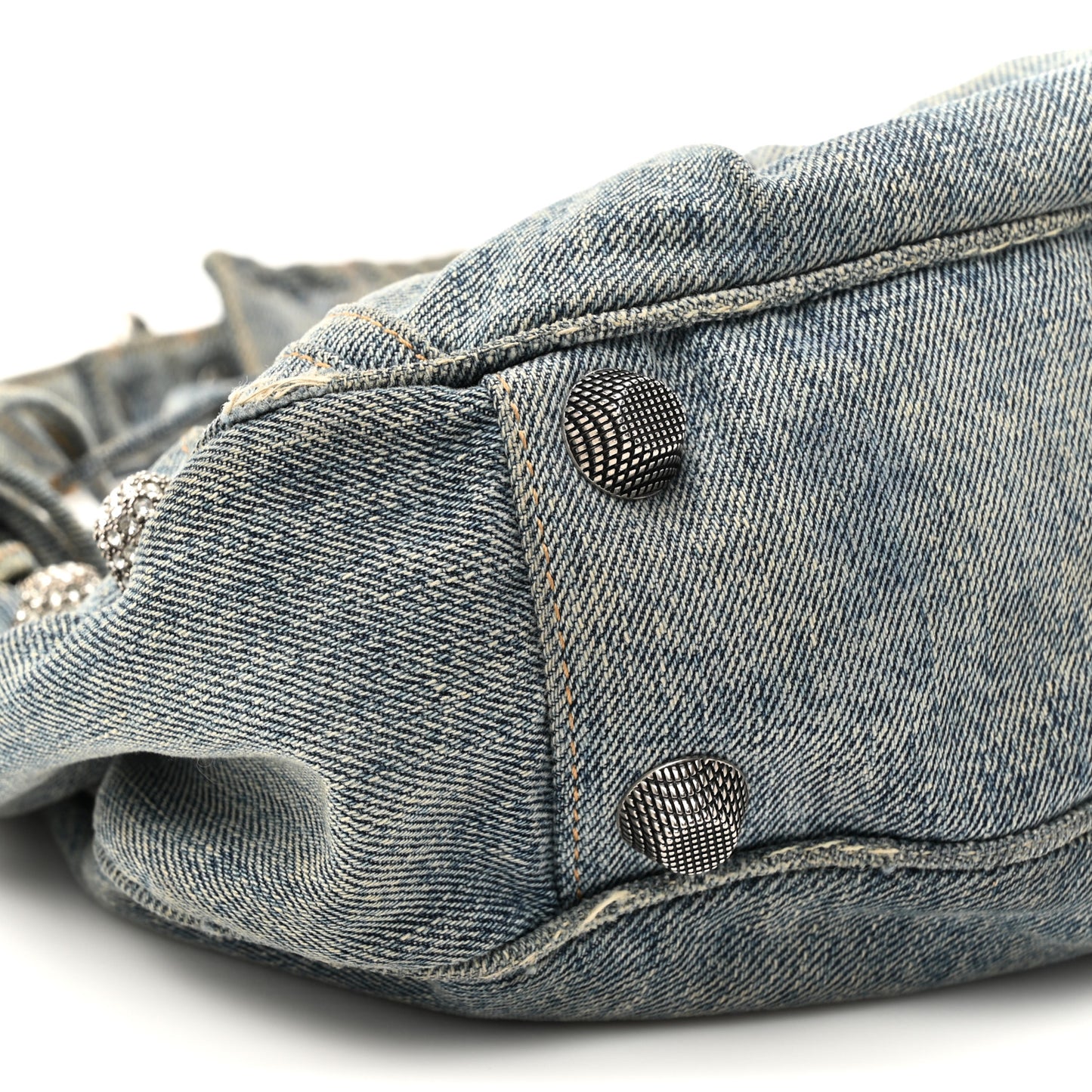 Washed Frayed Denim Crystal Small Le Cagole Shoulder Bag Blue