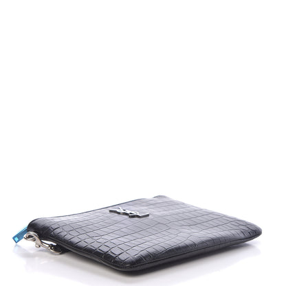 Saint Laurent Calfskin Crocodile Embossed Monogram Zip Pouch Black 4 of 8