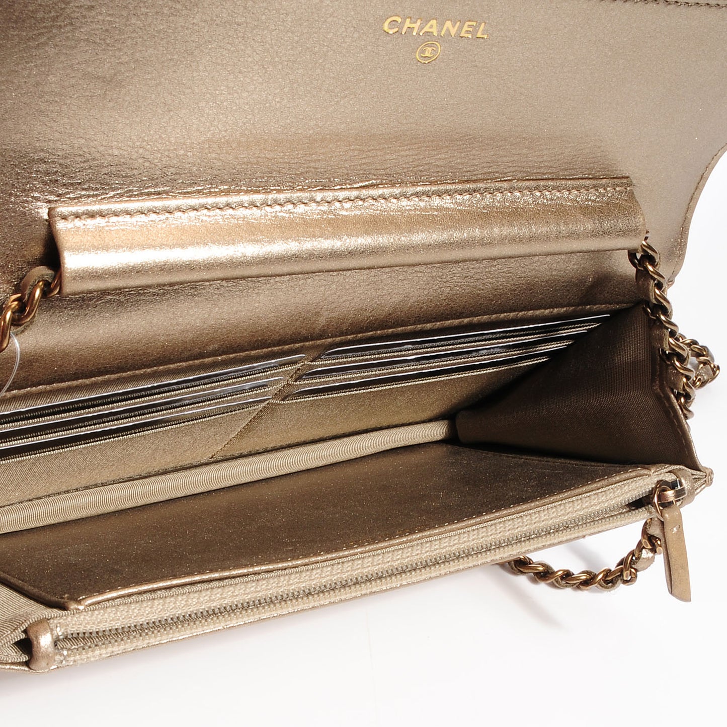 Metallic Lambskin Quilted Boy Wallet On Chain WOC Gold