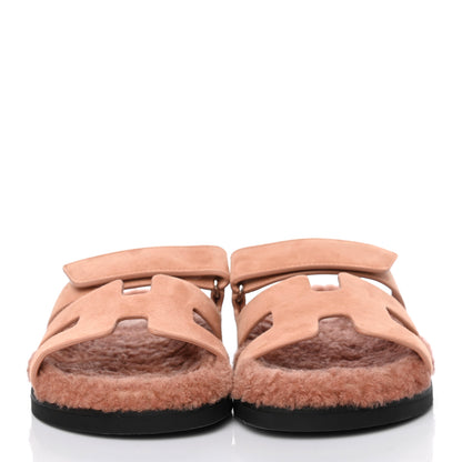 Hermes Suede Goatskin Woolskin Womens Chypre Sandals 37.5 Rose Aube 2 of 4