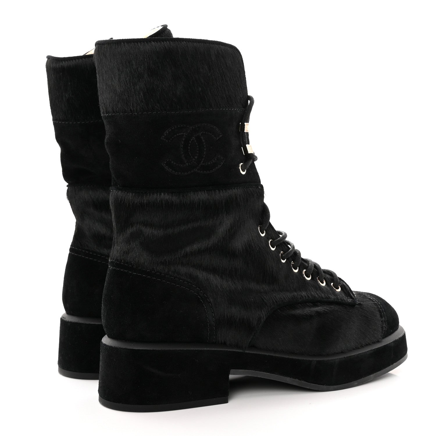 Chanel Suede Pony Hair Shearling Lace Up Combat Boots 38.5 Black White 4 of 11