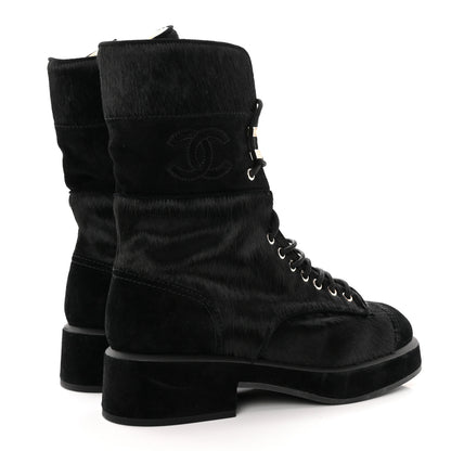 Chanel Suede Pony Hair Shearling Lace Up Combat Boots 38.5 Black White 4 of 11