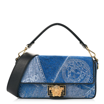 Versace X FENDI Fabric Calfskin Medusa Denim Patchwork Print Baguette Blue Black Gold 1 of 8