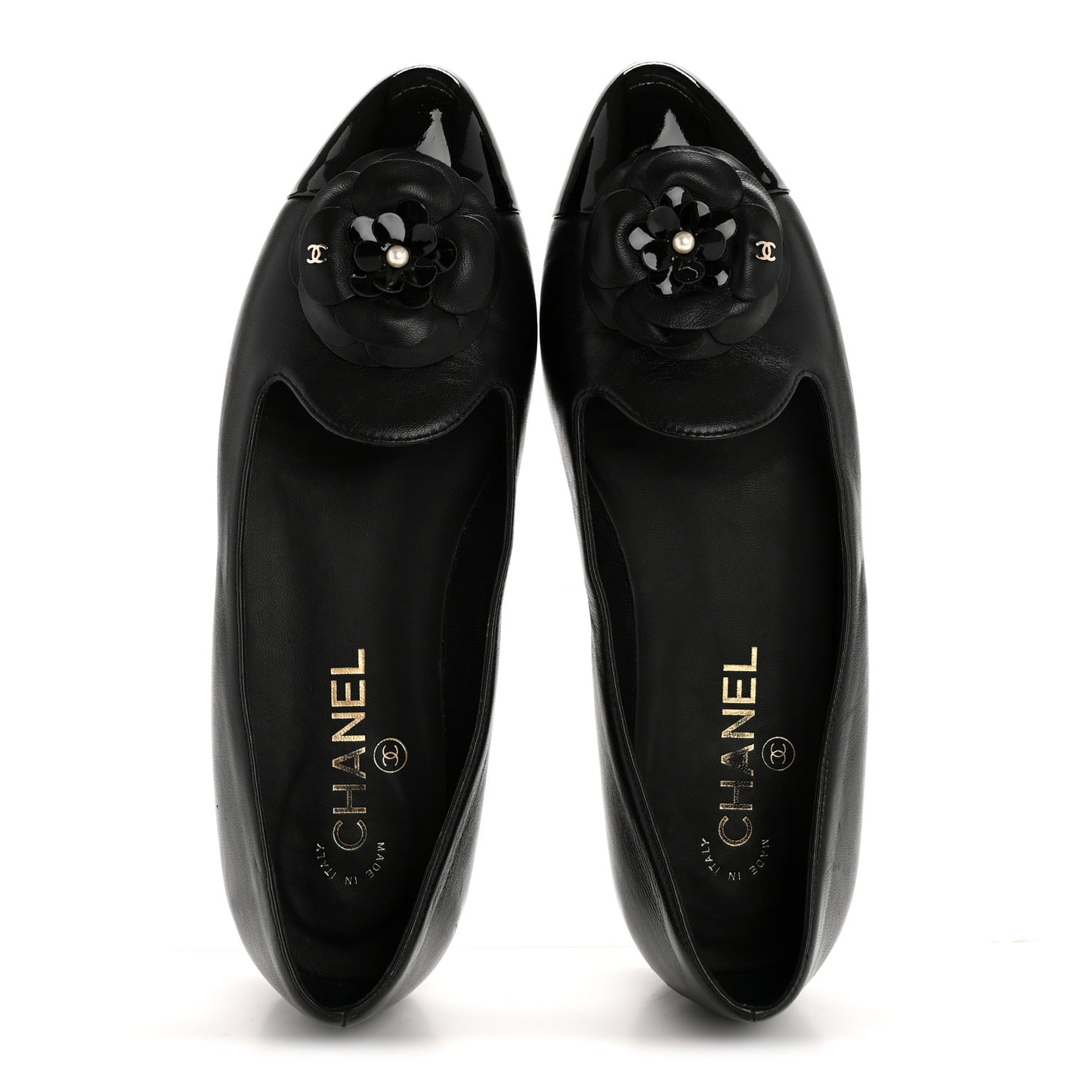 Lambskin Patent Calfskin Camellia Cap Toe Loafers 38 Black