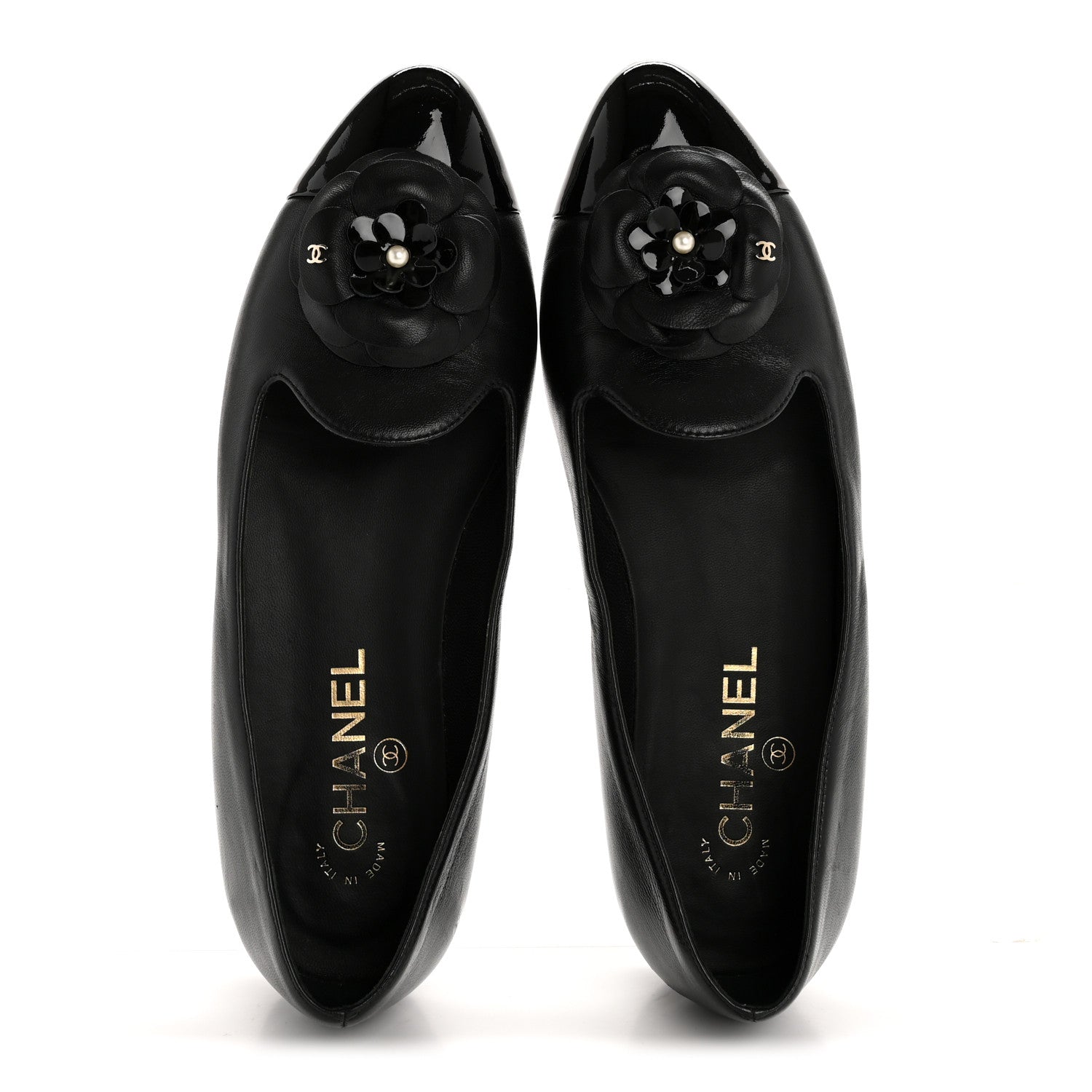 Chanel Lambskin Patent Calfskin Camellia Cap Toe Loafers 38 Black 2 of 10