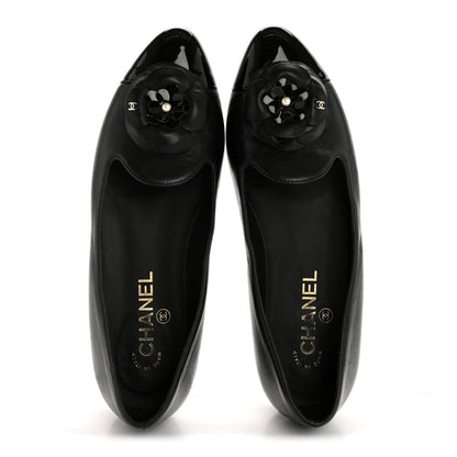 Chanel Lambskin Patent Calfskin Camellia Cap Toe Loafers 38 Black 2 of 10