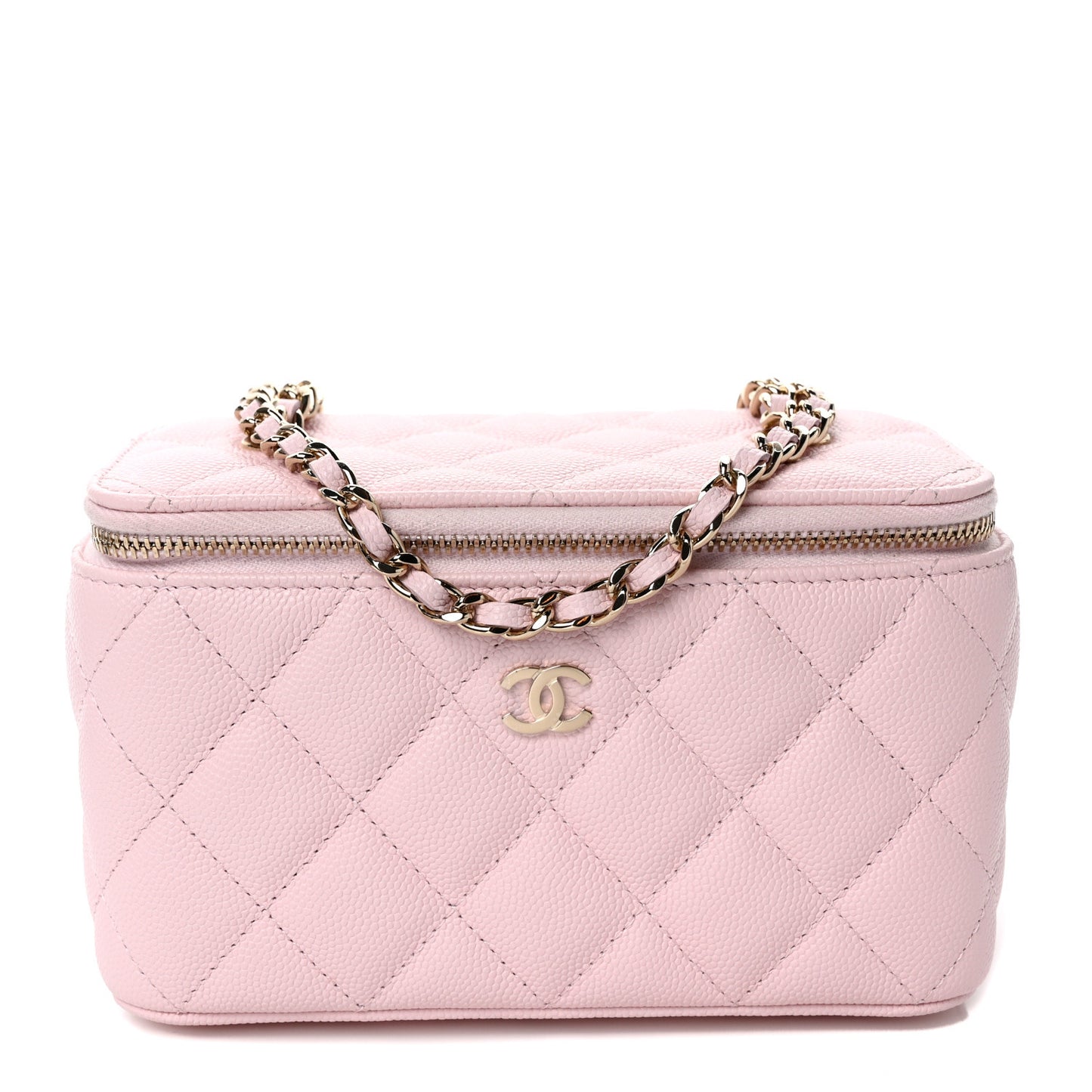 Caviar Quilted Small Vanity Case With Chain Light Pink