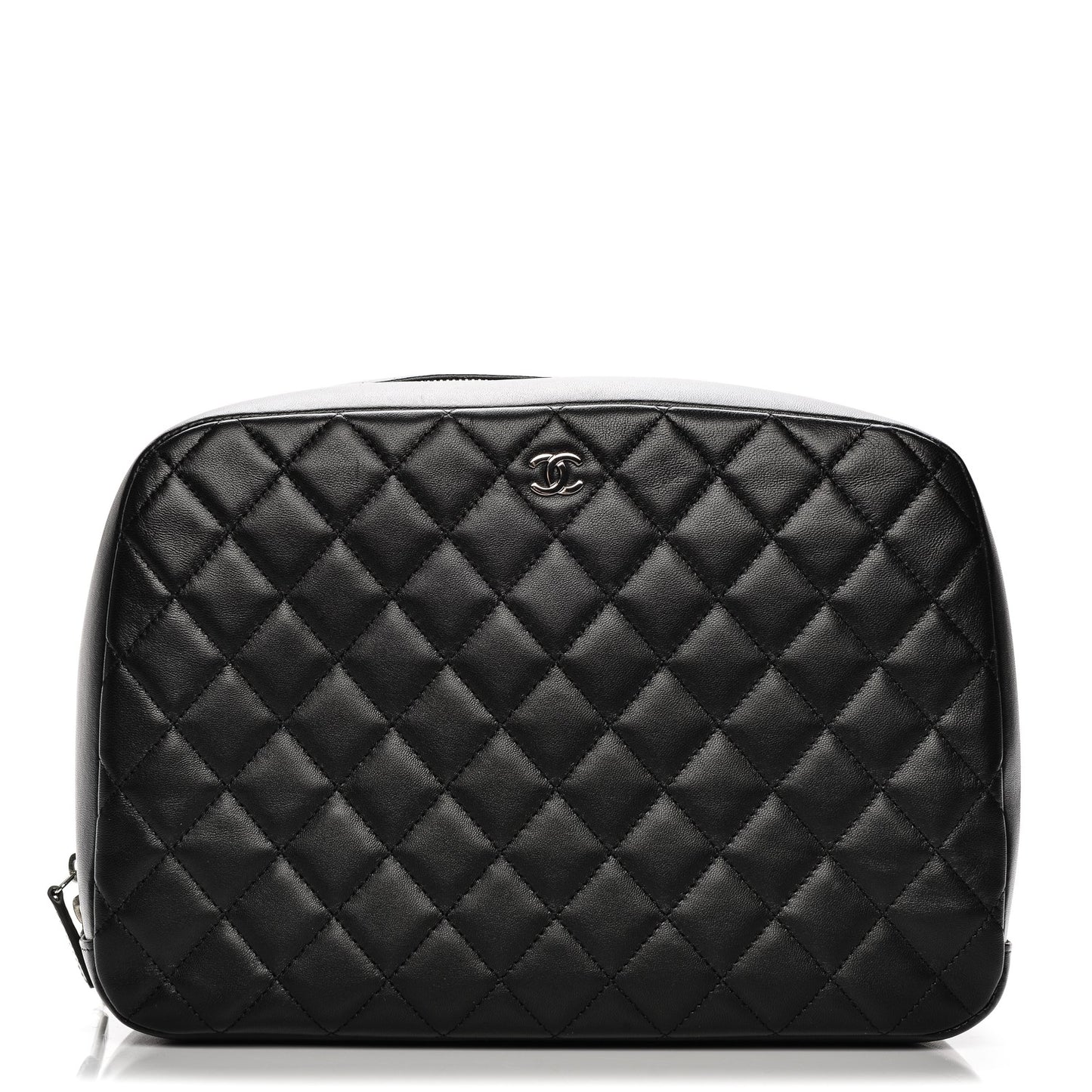 Lambskin Quilted Large Curvy Pouch Cosmetic Case Black