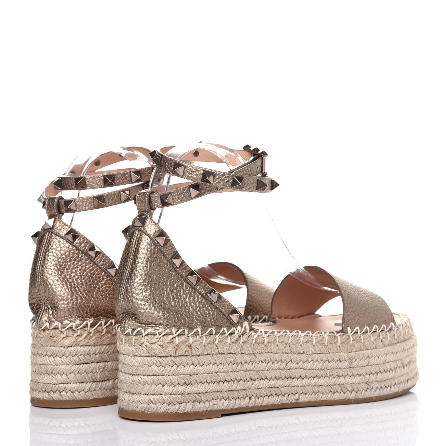 Valentino Garavani Metallic Grained Calfskin Rockstud Ankle Wrap Espadrille Flatform Sandals 39 Skin Natural 4 of 14