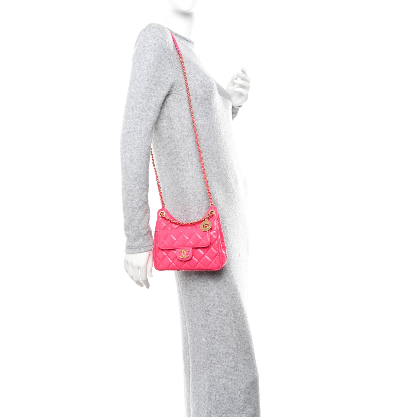 Shiny Crumpled Calfskin Quilted Small Wavy CC Hobo Pink