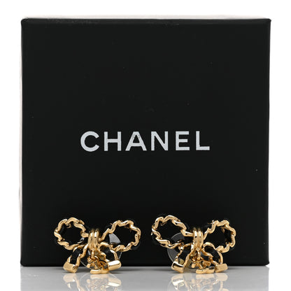 Chanel Lambskin Chain Bow Stud Earrings Black Gold 5 of 5