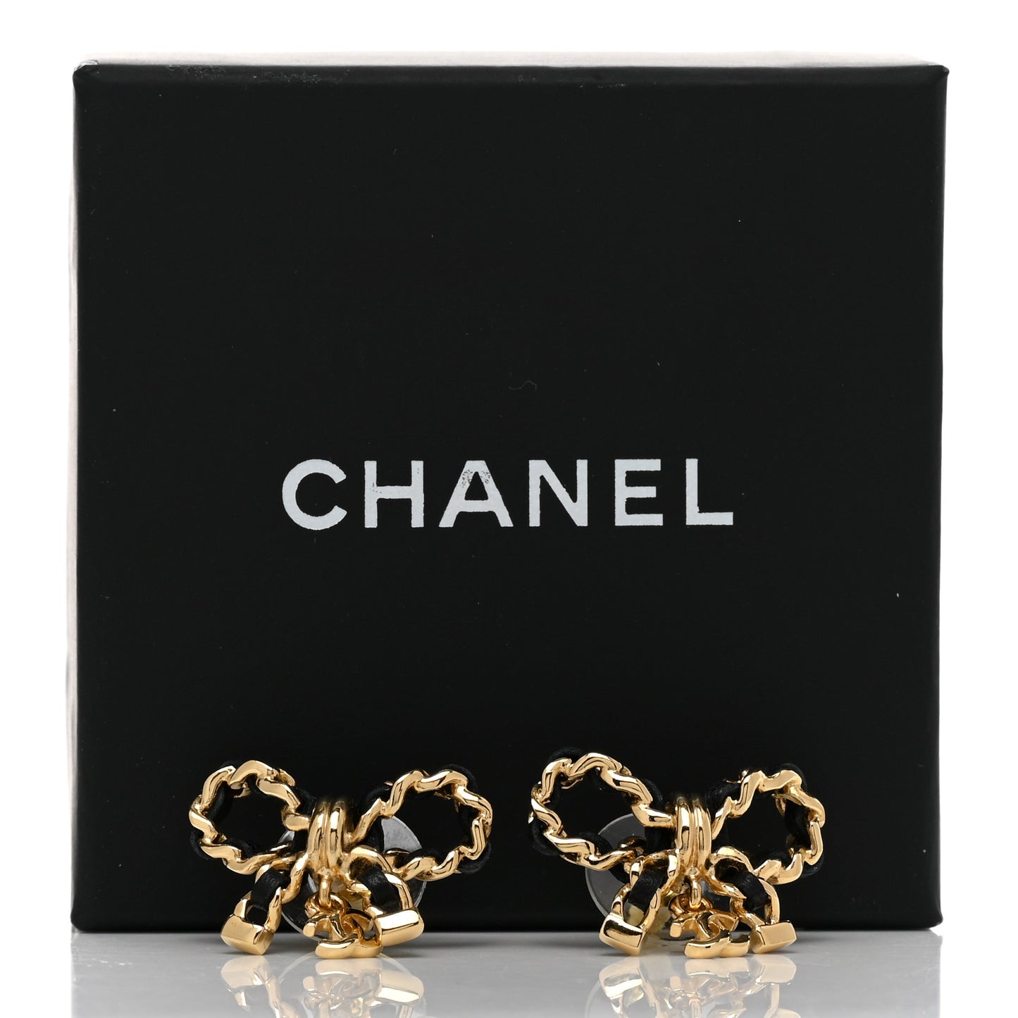Lambskin Chain Bow Stud Earrings Black Gold