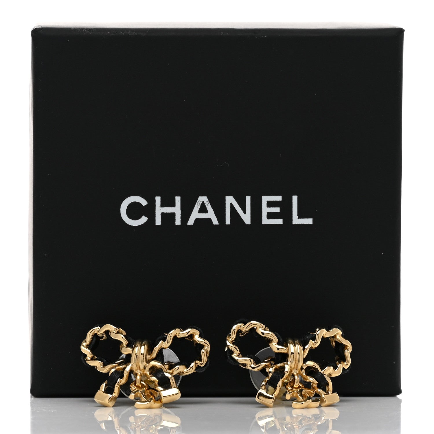 Chanel Lambskin Chain Bow Stud Earrings Black Gold 5 of 5