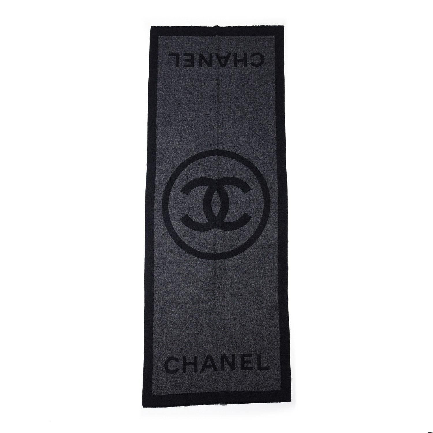 Chanel Cashmere Silk CC Logo Fringe Scarf Black Grey 2 of 4