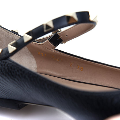 Valentino Garavani Pebbled Calfskin Rockstud Ankle Strap Ballerina Flats 38 Black 8 of 14