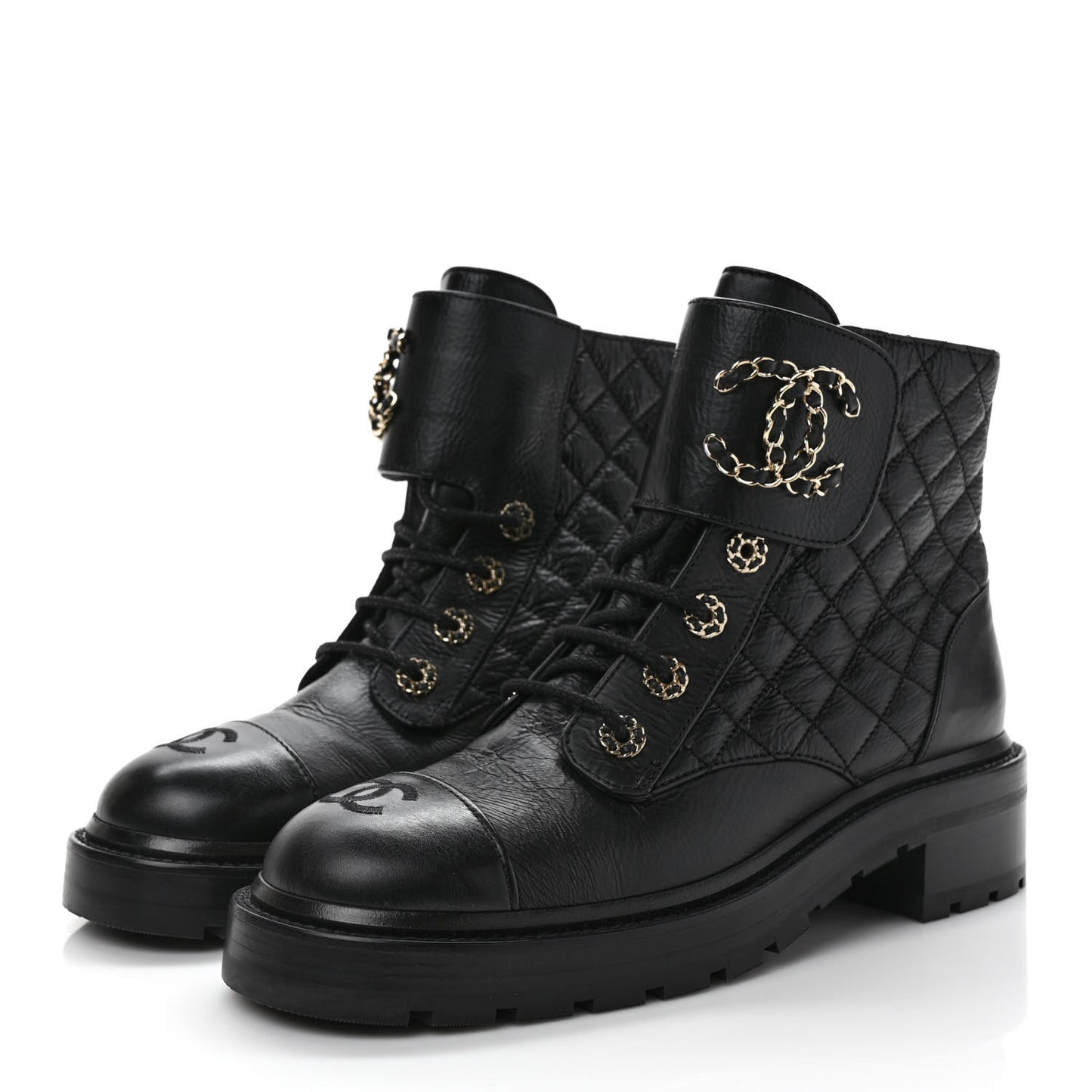 Shiny Goatskin Calfskin Quilted Lace Up Combat Boots 39 Black