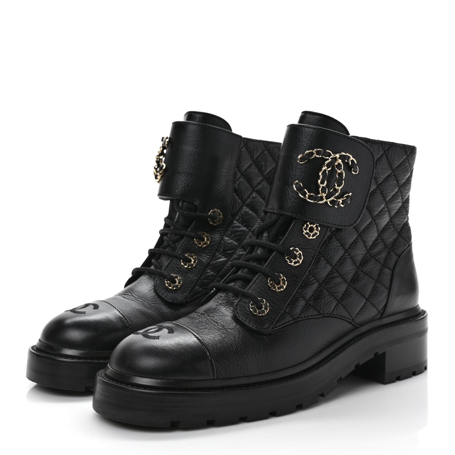 Chanel Shiny Goatskin Calfskin Quilted Lace Up Combat Boots 39 Black 3 of 9