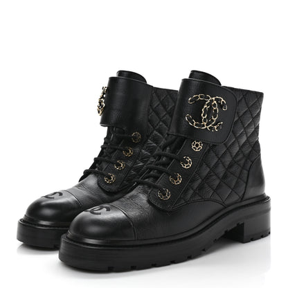 Chanel Shiny Goatskin Calfskin Quilted Lace Up Combat Boots 39 Black 3 of 9