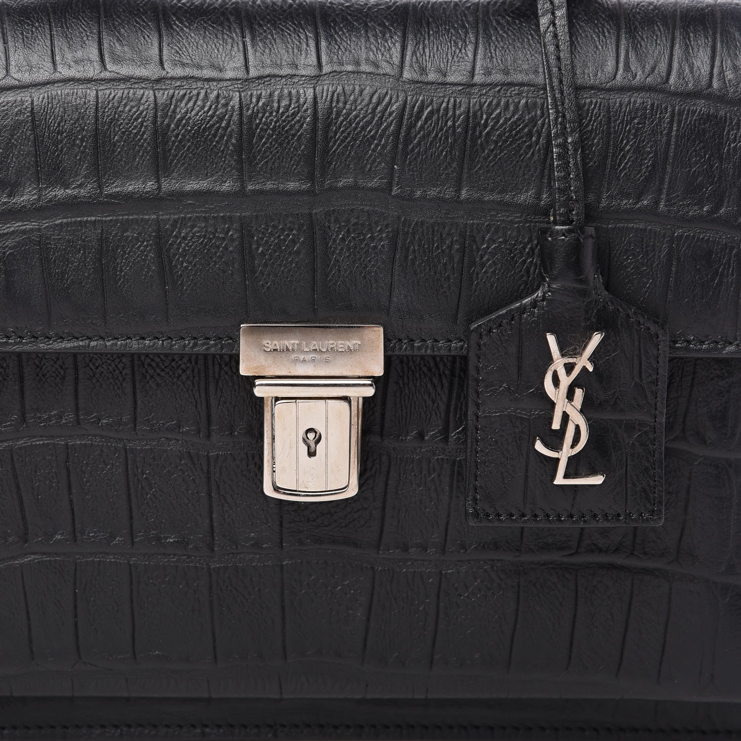 Saint Laurent Calfskin Crocodile Embossed Medium High School Satchel Black 9 of 9