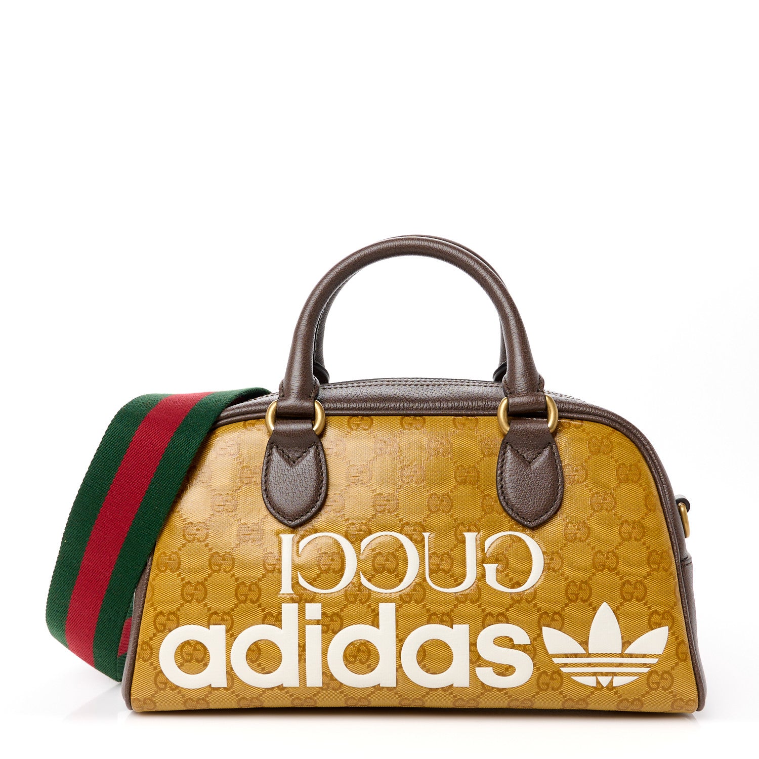 Gucci X ADIDAS Crystal Vintage Monogram Textured Dollar Calfskin Web Trefoil Logo Mini Bowling Bag Mid Natural Nut Off White New Acero 1 of 10