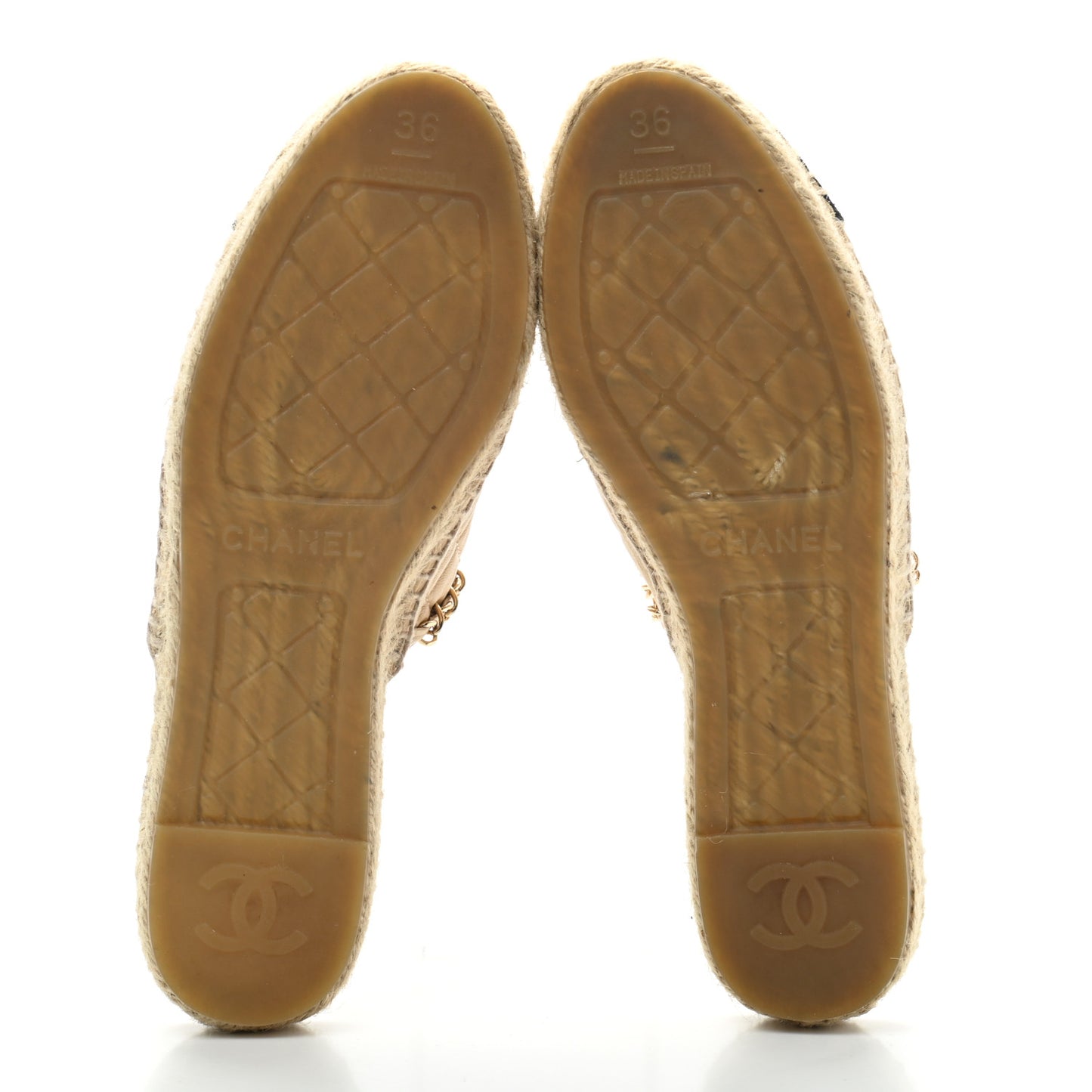 Lambskin Grosgrain Quilted CC Chain Espadrille Mules 36 Beige Black