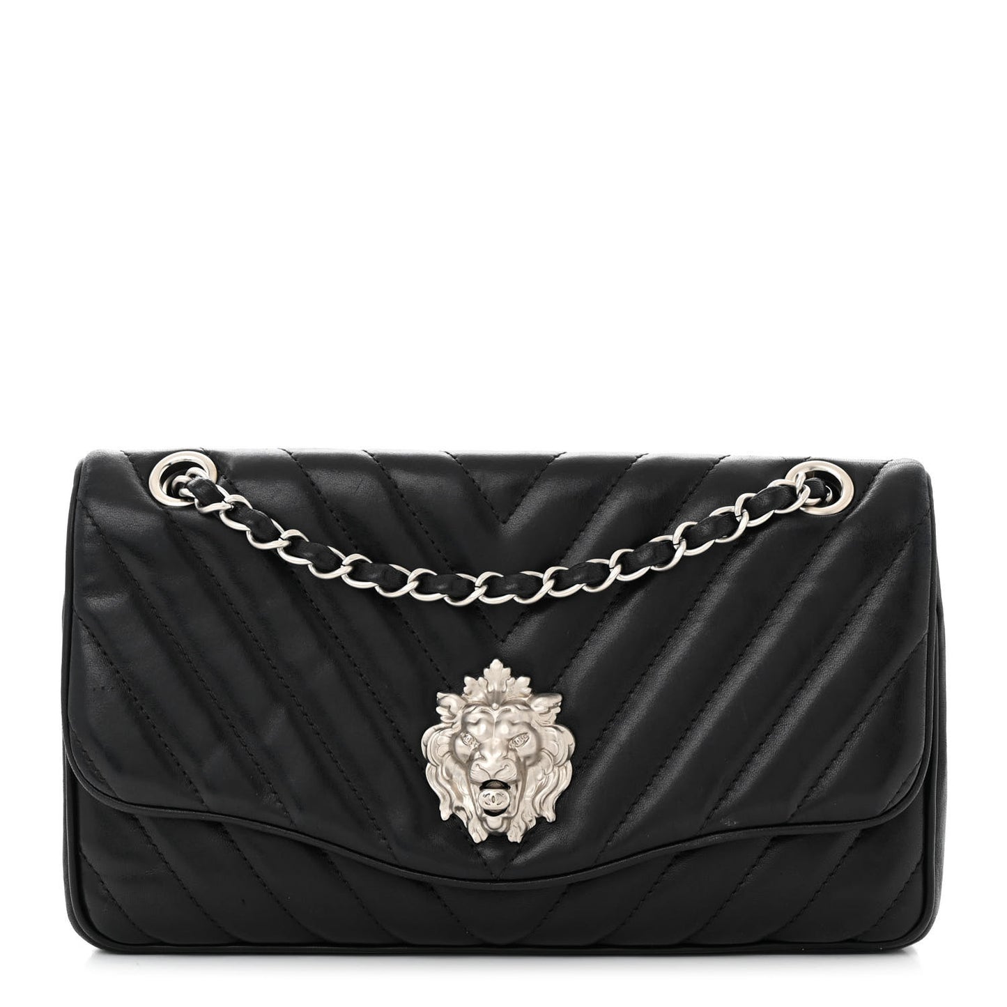 Lambskin Chevron Medium Leo Lion Flap Black