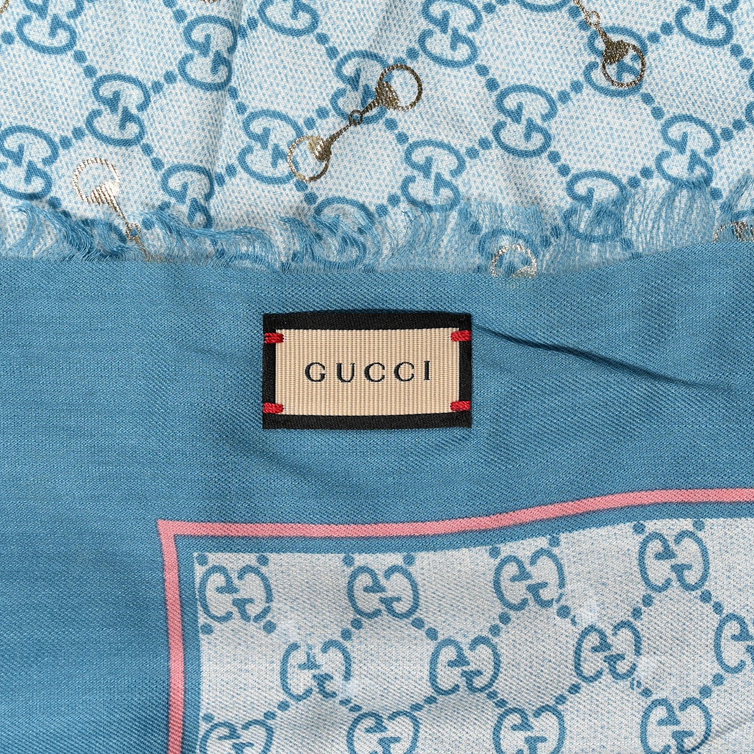 Gucci Modal Silk GG Monogram Big Gold Horsebit Fringe Shawl Bluette Pink 2 of 5