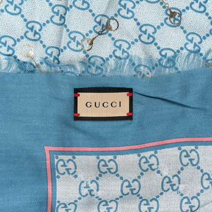 Gucci Modal Silk GG Monogram Big Gold Horsebit Fringe Shawl Bluette Pink 2 of 5