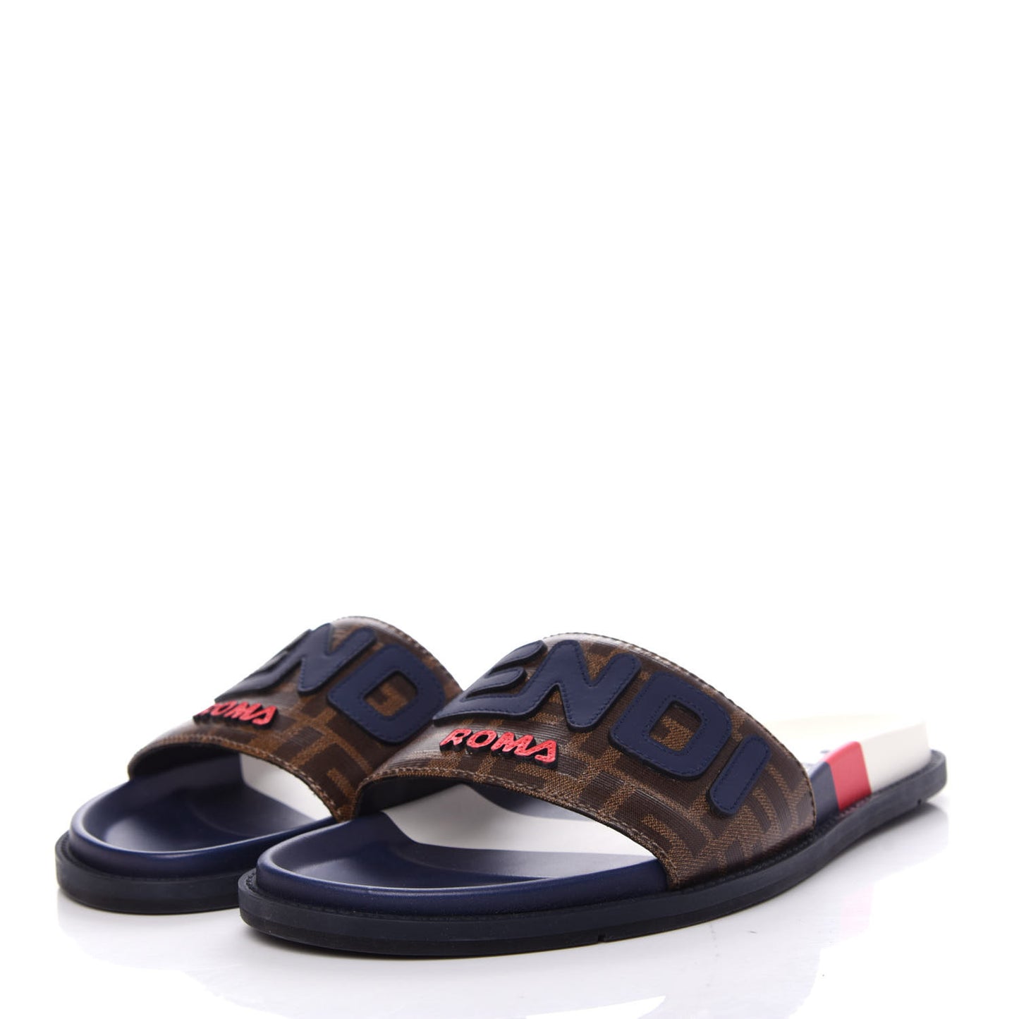 X FILA Glazed Fabric Calfskin FF 1974 Mania Mens Slide Sandals 7 Mogano Panna Blueberry Caipiroska