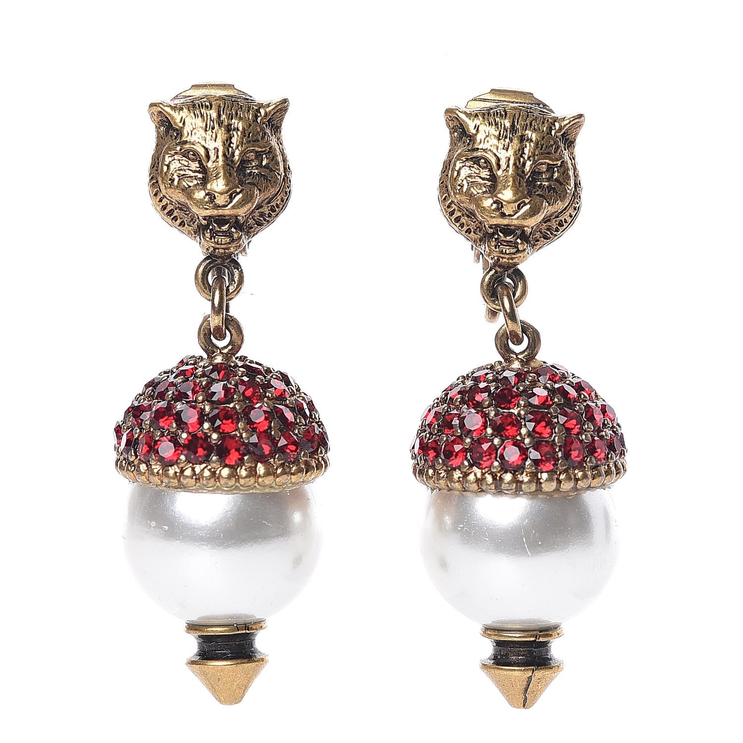 Gucci Metal Crystal Pearl Feline Earrings Aged Gold 1 of 4