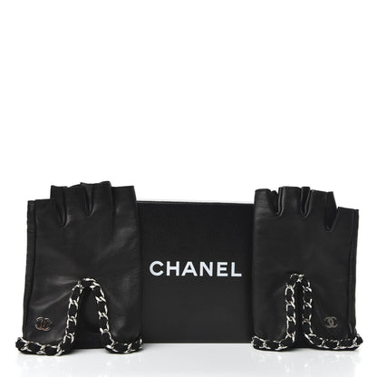 Chanel Lambskin Fingerless Chain CC Gloves 7.5 Black 6 of 6
